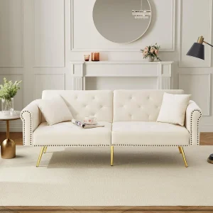 2-zitsbank, beige fluweel, met 3-standen verstelbare rugleuning, gouden poten, voor woonkamer en kantoor 2-zitsbank, beige fluweel, met 3-standen verstelbare rugleuning, gouden poten, voor woonkamer en kantoor