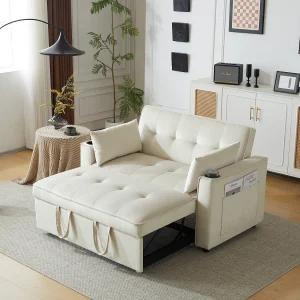 3-in-1 slaapbank met verstelbare rugleuning en bekerhouders, beige fluweel, voor kleine ruimtes of studio's 3-in-1 slaapbank met verstelbare rugleuning en bekerhouders, beige fluweel, voor kleine ruimtes of studio's