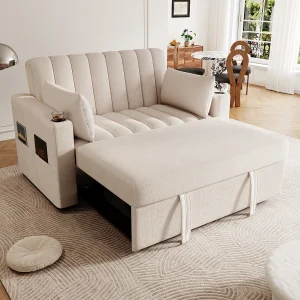 2-zits opklapbare bank, beige fluweel, met verstelbare rugleuning, bekerhouders – voor woonkamer of slaapkamer 2-zits opklapbare bank, beige fluweel, met verstelbare rugleuning, bekerhouders – voor woonkamer of slaapkamer
