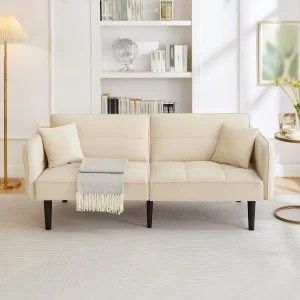 2-zitsbank, beige fluweel, gestoffeerde bank met verstelbare rugleuning, zwarte houten poten 2-zitsbank, beige fluweel, gestoffeerde bank met verstelbare rugleuning, zwarte houten poten