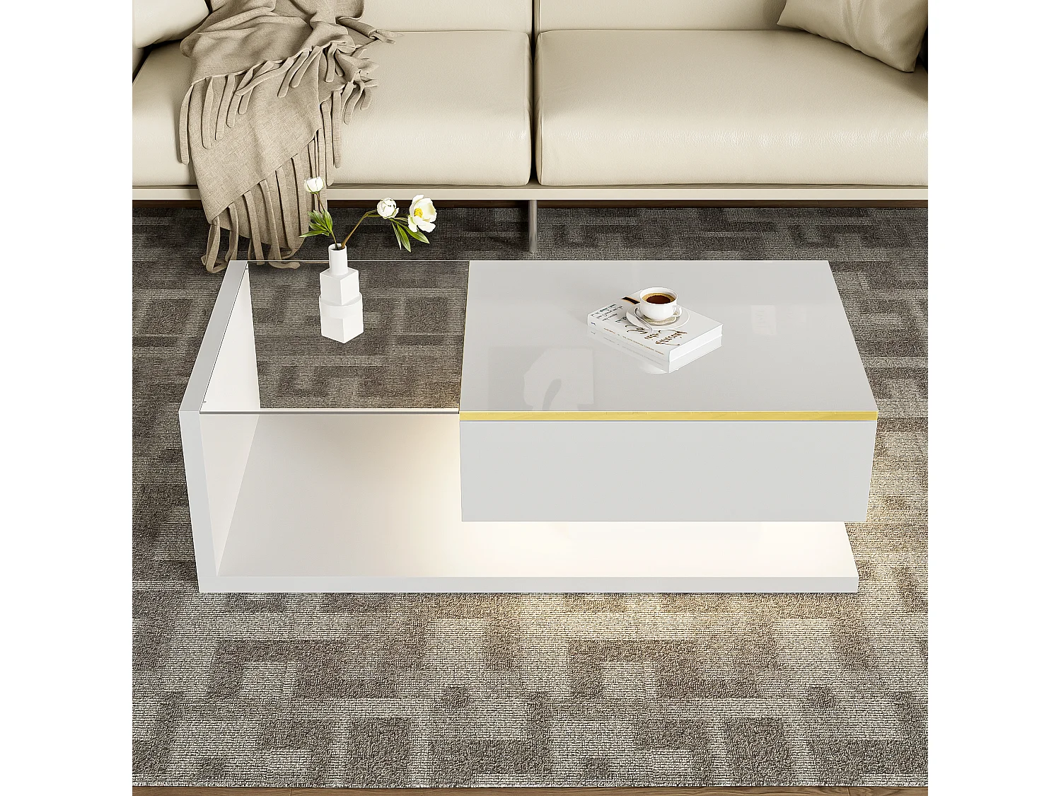 100 cm LED salontafel, witte salontafel met open opbergruimte, modern design, 16-kleurige verlichting