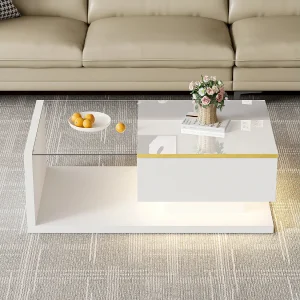 90 cm LED salontafel, witte salontafel met opbergvakken, modern design, 16-kleurige verlichting 90 cm LED salontafel, witte salontafel met opbergvakken, modern design, 16-kleurige verlichting