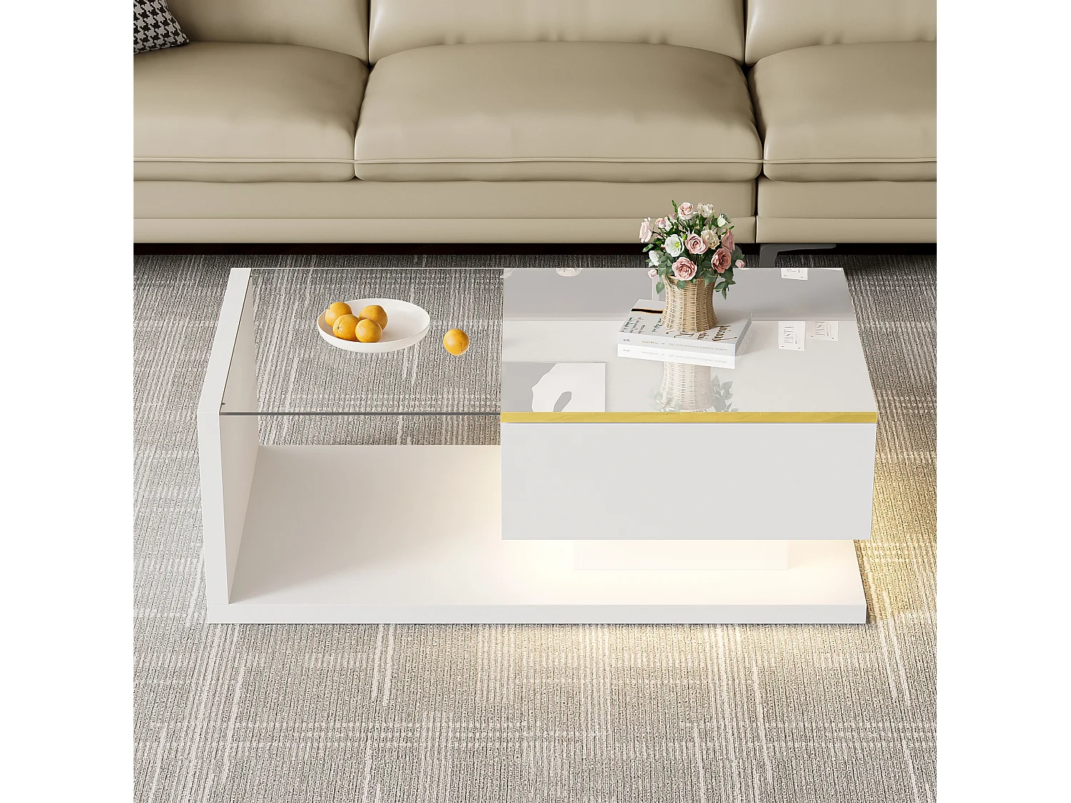 90 cm LED salontafel, witte salontafel met opbergvakken, modern design, 16-kleurige verlichting