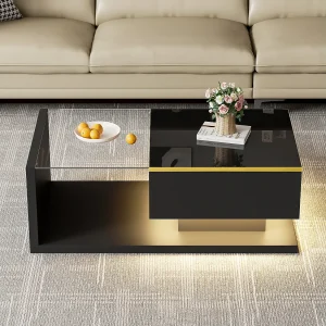 90 cm LED salontafel, zwarte salontafel met opbergvakken, modern design, 16-kleurige verlichting 90 cm LED salontafel, zwarte salontafel met opbergvakken, modern design, 16-kleurige verlichting