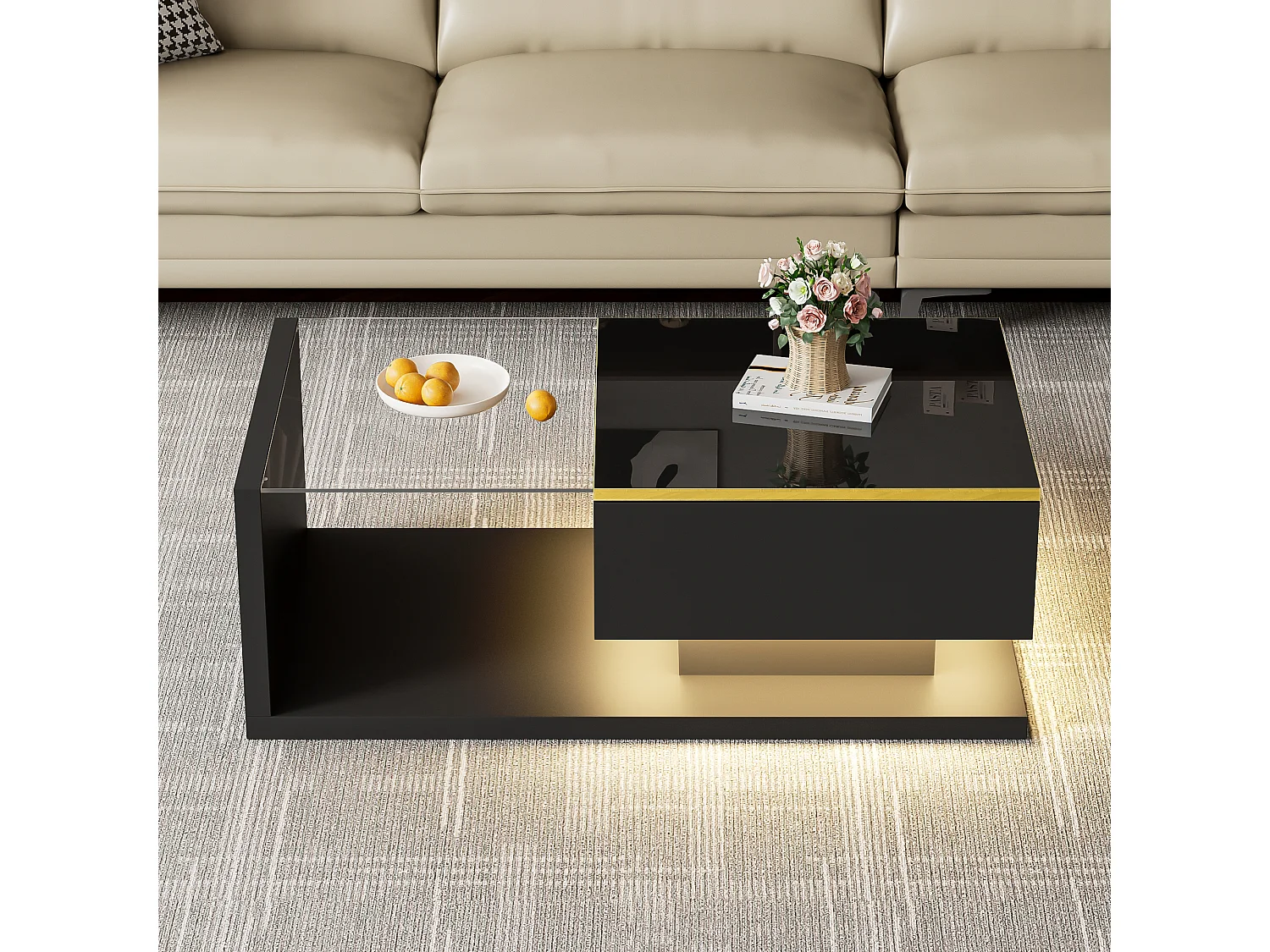 90 cm LED salontafel, zwarte salontafel met opbergvakken, modern design, 16-kleurige verlichting