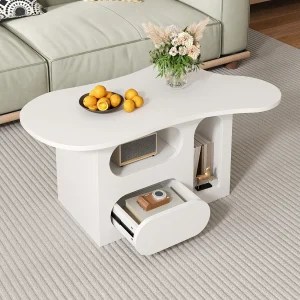 97 cm onregelmatig gevormde salontafel met lades en open opbergruimte, modern design, geschikt voor woonkamer en kantoor 97 cm onregelmatig gevormde salontafel met lades en open opbergruimte, modern design, geschikt voor woonkamer en kantoor