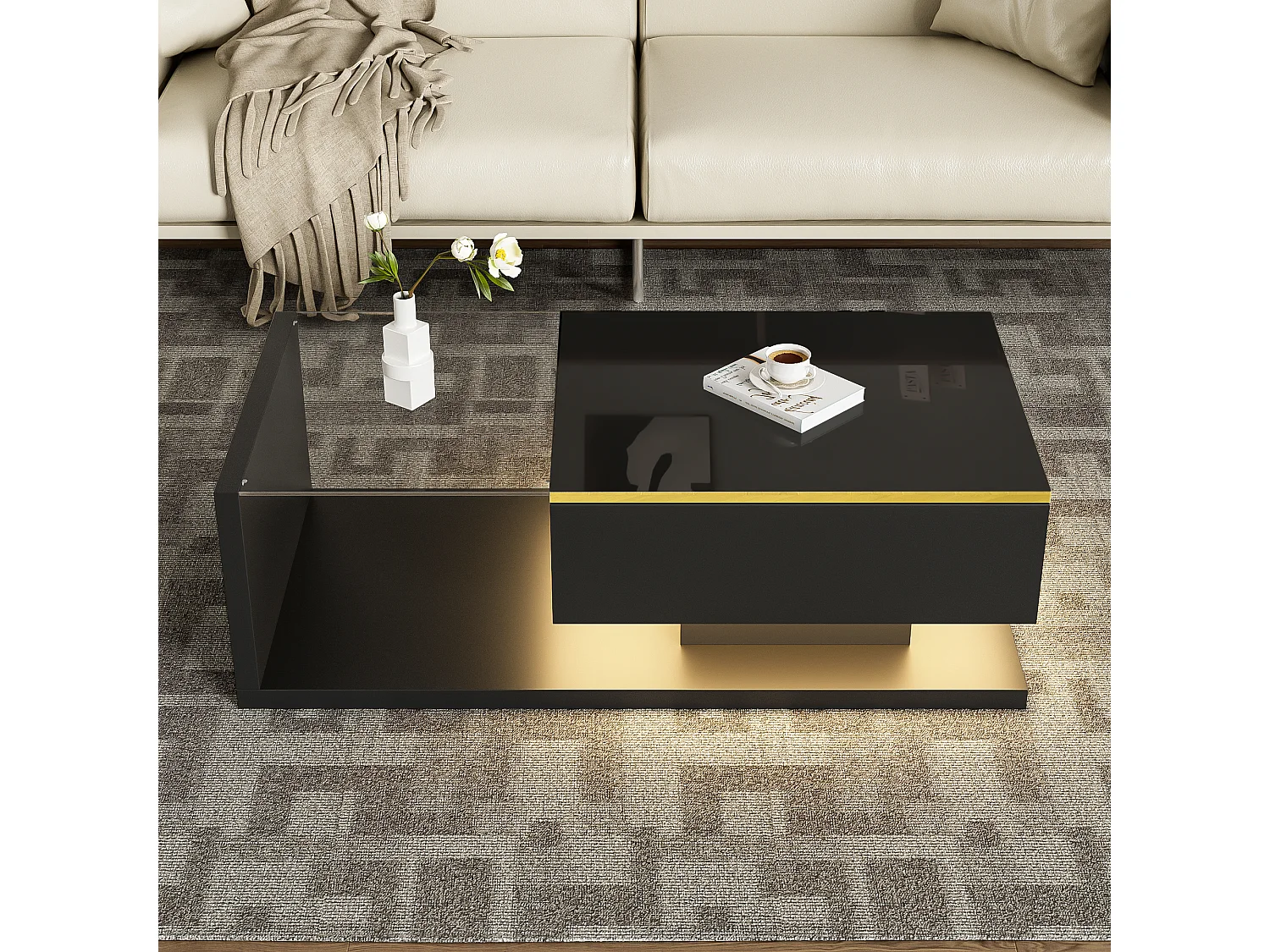 100 cm LED salontafel, zwarte salontafel met open opbergruimte, modern design, 16-kleurige verlichting