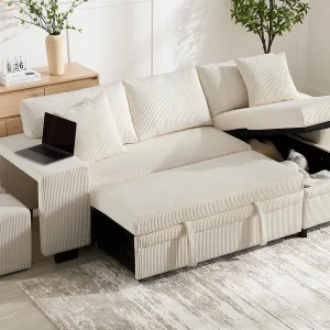 3-zits hoekbank – met USB-oplaadpoorten – met kussens – verstelbare hoekbank – beige