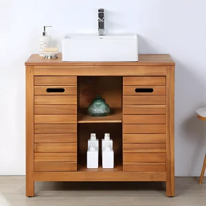Badkamermeubel van acaciahout met enkele wastafel – 90 cm – PULUKAN – Koop nu online