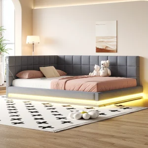 160×200 slaapbank, multifunctioneel met LED, USB en lattenbodem, in grijs fluweel (206x167x63 cm) 160×200 slaapbank, multifunctioneel met LED, USB en lattenbodem, in grijs fluweel (206x167x63 cm)