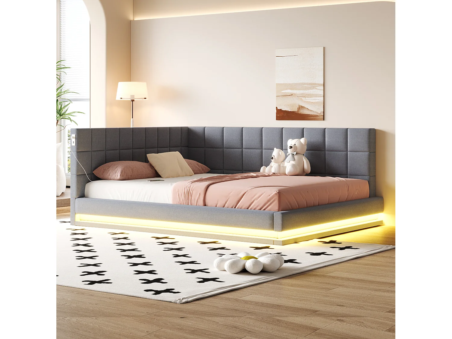 160x200 slaapbank, multifunctioneel met LED, USB en lattenbodem, in grijs fluweel (206x167x63 cm)
