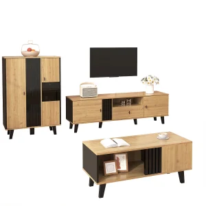3-delige woonkamermeubelset – salontafel + tv-meubel + dressoir – met opbergruimte – spaanplaat – naturel