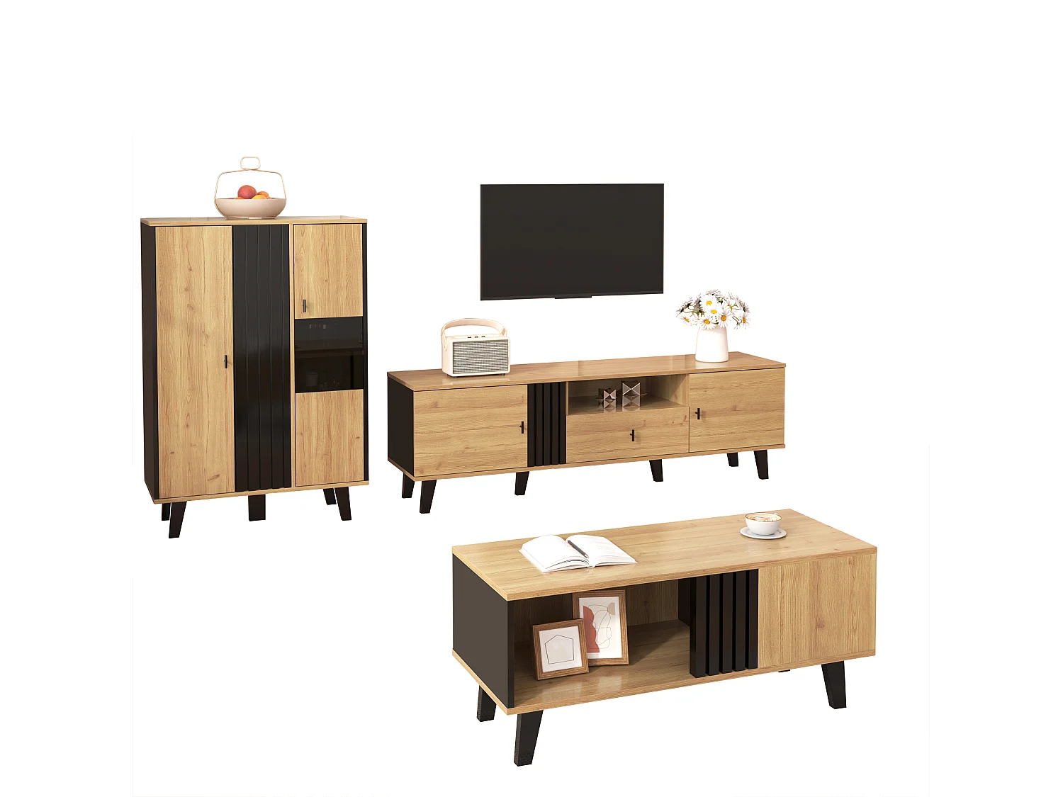 3-delige woonkamermeubelset – salontafel + tv-meubel + dressoir – met opbergruimte – spaanplaat – naturel