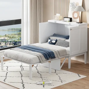 90x200cm verticaal Murphy-bed met lattenbodem, opklapbaar bed, jeugdbed, wit hout (205x96x101cm)