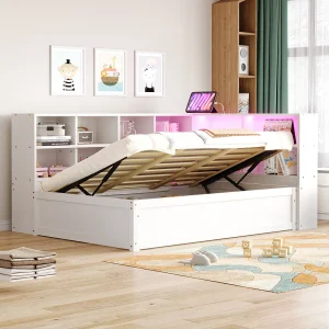 90×200 cm Murphy bed met lattenbodem, rotan, hout en metaal design, wit (202×145,5×120 cm)