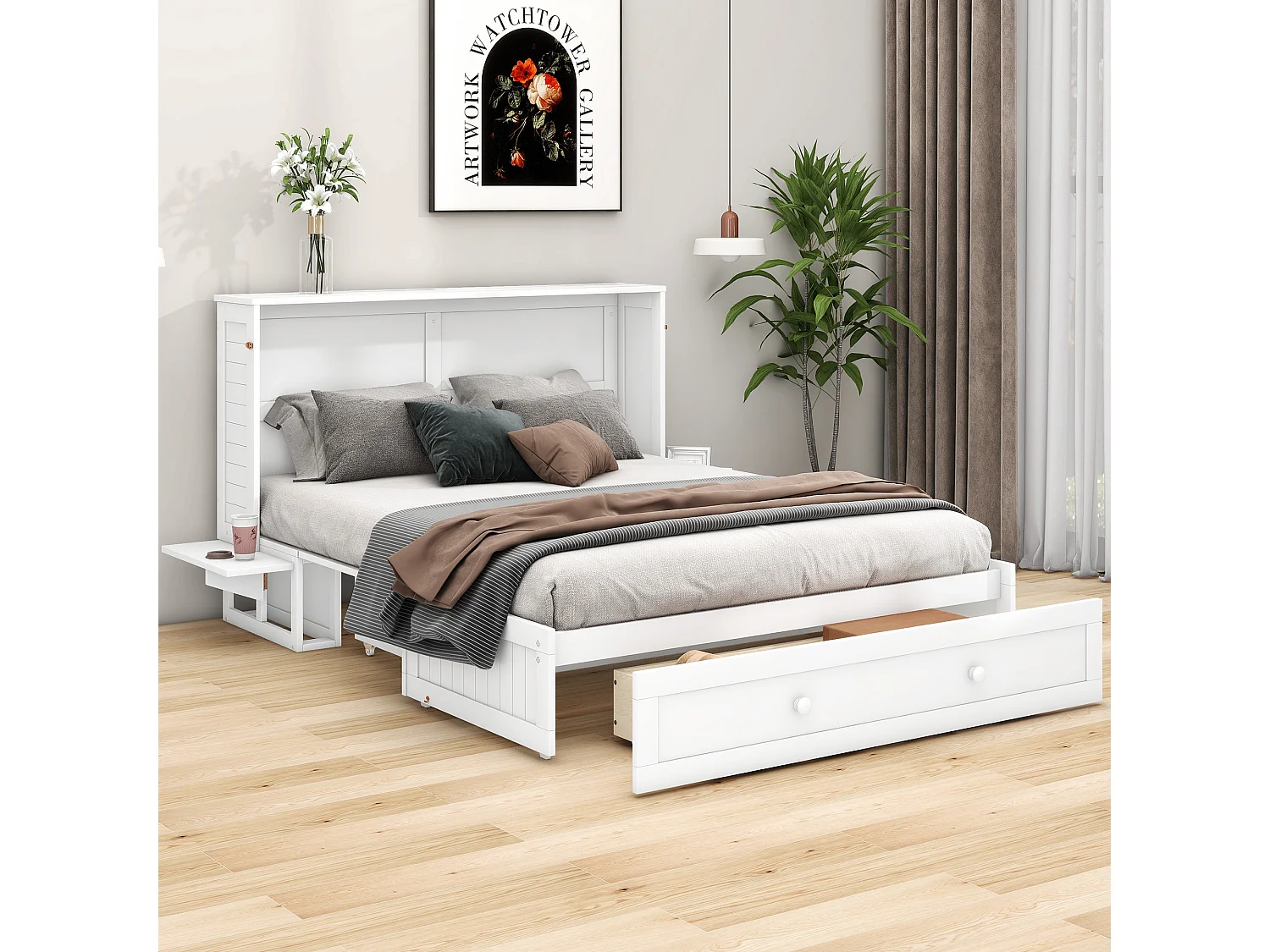 140x200 cm Murphy bed met lades en zijplank, omvormbaar platform, hout, wit (208,9x145,6x16,3 cm)