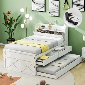 90×190 cm massief houten bed met uitschuifbare lade, lattenbodem en nachtkastje met USB, wit (213×94,5×105 cm)