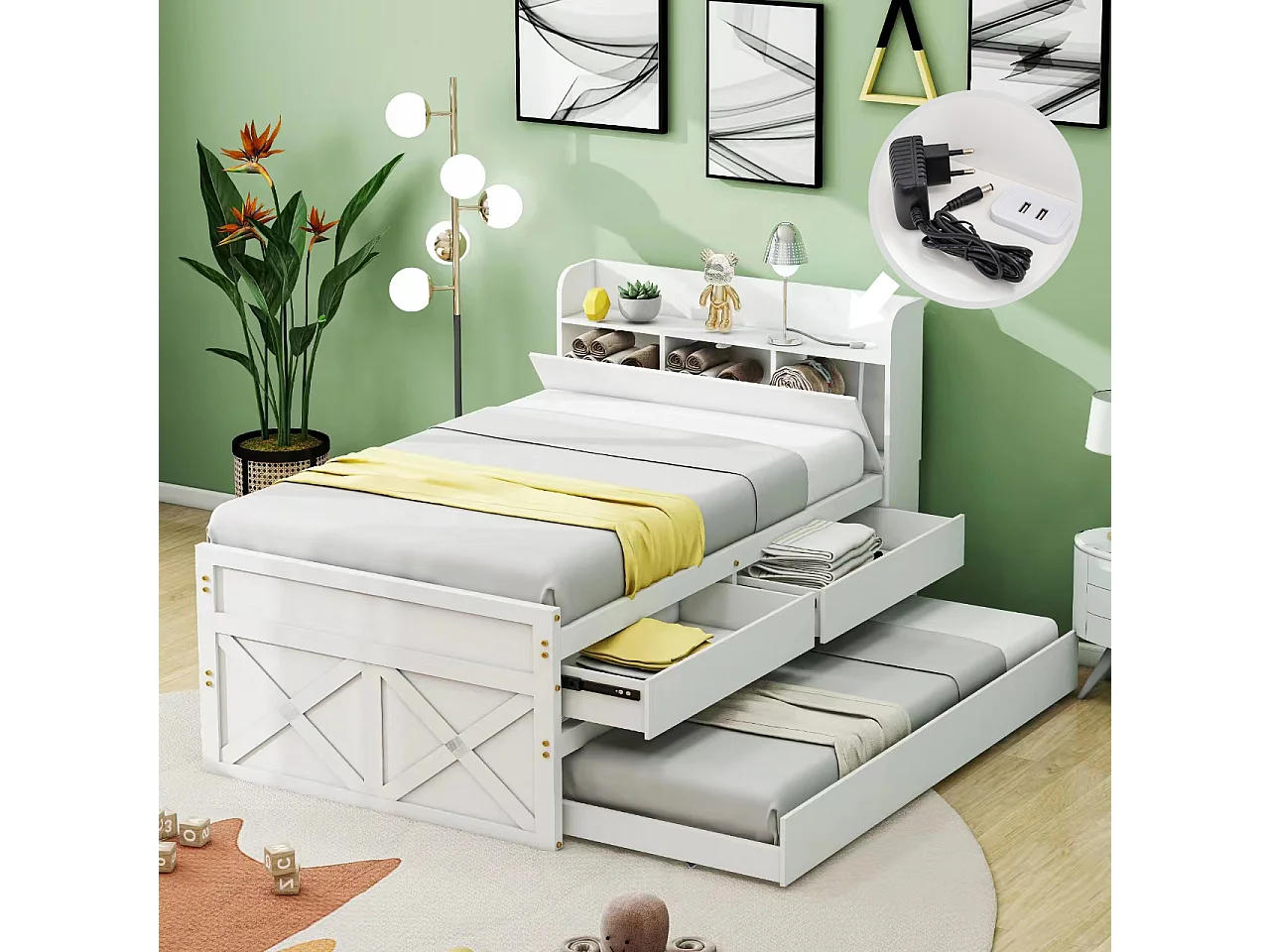 90x190 cm massief houten bed met uitschuifbare lade, lattenbodem en nachtkastje met USB, wit (213x94,5x105 cm)