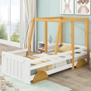 Autovormig kinderbed, massief houten frame, MDF, wit + naturel (207,5x95x124 cm) Autovormig kinderbed, massief houten frame, MDF, wit + naturel (207,5x95x124 cm)