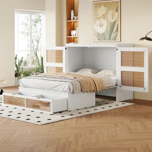 140×200 cm Murphy bed met lattenbodem, rotan design, met opberglades, hout en metaal, wit (202×145,5×120 cm)