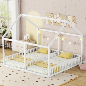 2-in-1 kinderbed, huisbed 90×200 cm, grenen, wit (204x187x168 cm) 2-in-1 kinderbed, huisbed 90×200 cm, grenen, wit (204x187x168 cm)
