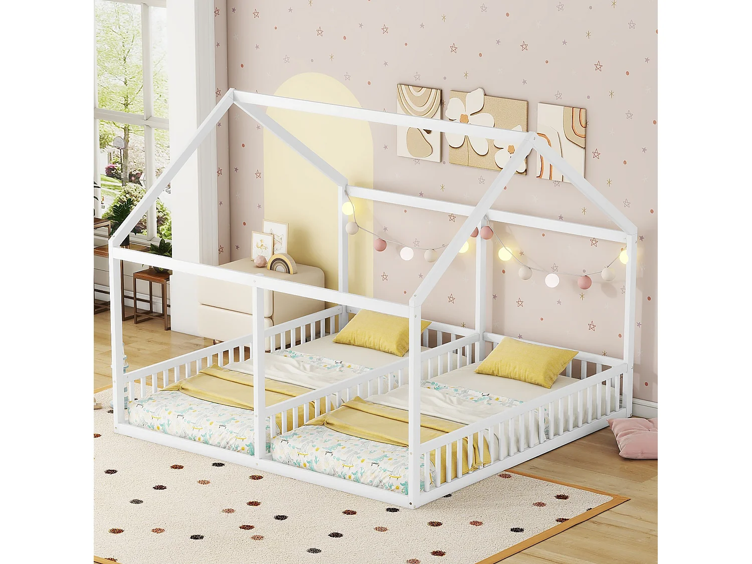2-in-1 kinderbed, huisbed 90x200 cm, grenen, wit (204x187x168 cm)