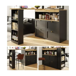 360° draaibare bar, met 4 lades en open planken, zwart MDF, (105x39x102 cm) 360° draaibare bar, met 4 lades en open planken, zwart MDF, (105x39x102 cm)
