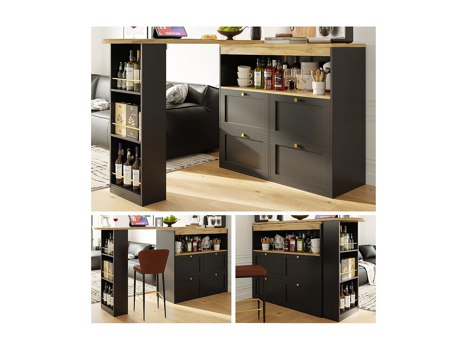 360° draaibare bar, met 4 lades en open planken, zwart MDF, (105x39x102 cm)