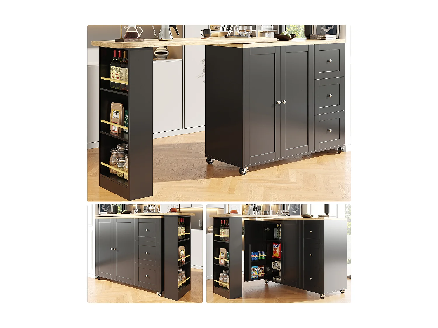 360° draaibare salontafel met 3 lades, modern design, MDF, zwart (135-203x39x106 cm)