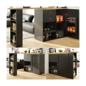 360° draaibare bar, met 2 lades en schuifdeur, 3 open planken, zwart MDF, (105x39x102 cm) 360° draaibare bar, met 2 lades en schuifdeur, 3 open planken, zwart MDF, (105x39x102 cm)