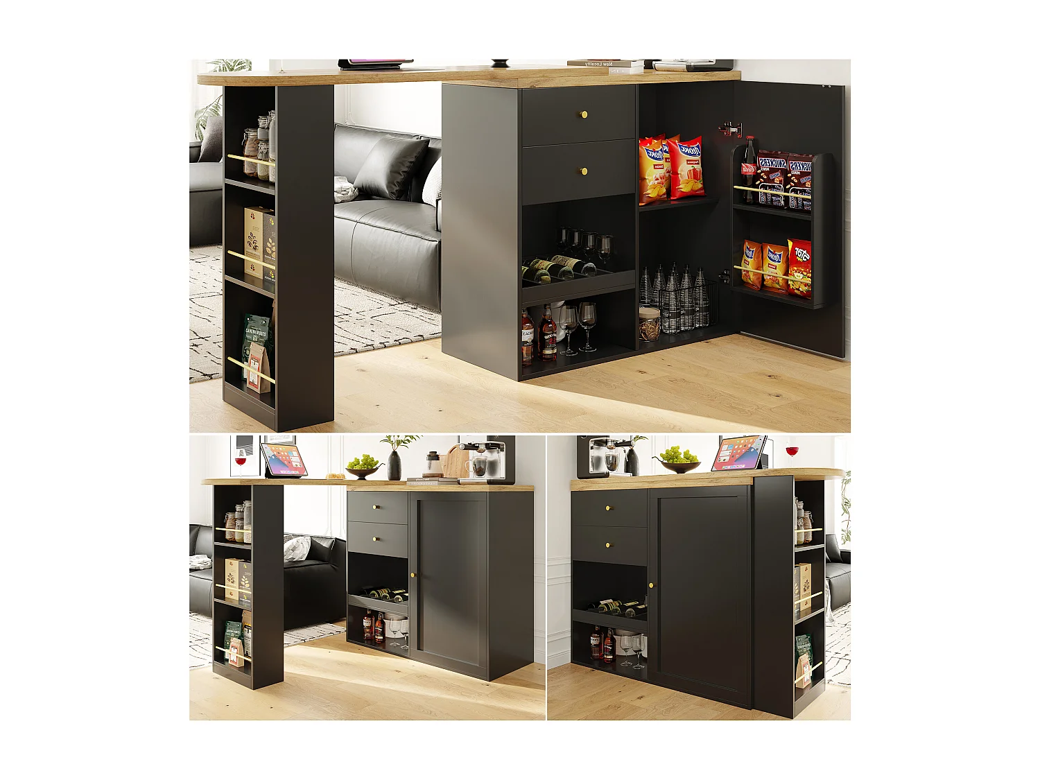 360° draaibare bar, met 2 lades en schuifdeur, 3 open planken, zwart MDF, (105x39x102 cm)