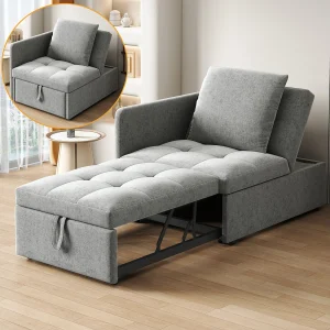 3-in-1 gestoffeerde slaapbank – 60 x 150 cm – Bank met verstelbare rugleuning – Linnen stof – Grijs