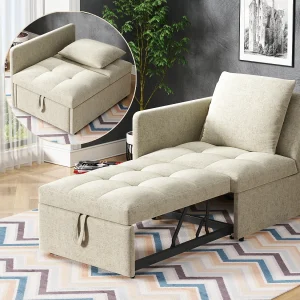 3-in-1 gestoffeerde slaapbank – 60 x 150 cm – Bank met verstelbare rugleuning – Linnen stof – Beige