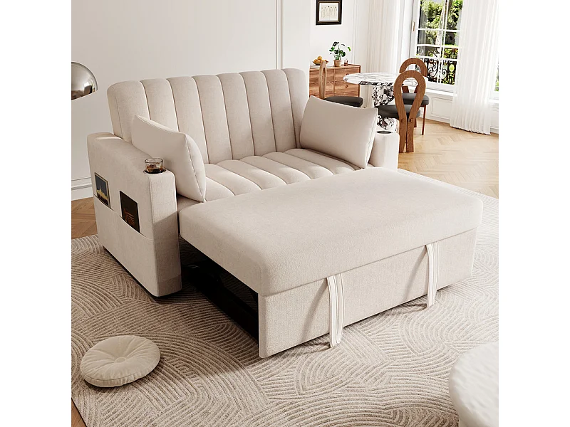 2-zits slaapbank in beige katoen - met 2 kussens en bekerhouder - verstelbare rugleuning - 136x162x84cm