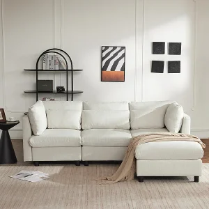 3-zits bank in linnen stof, met pouf, 3 lendenkussens en 2 kussens, 220x83x81cm, Beige 3-zits bank in linnen stof, met pouf, 3 lendenkussens en 2 kussens, 220x83x81cm, Beige
