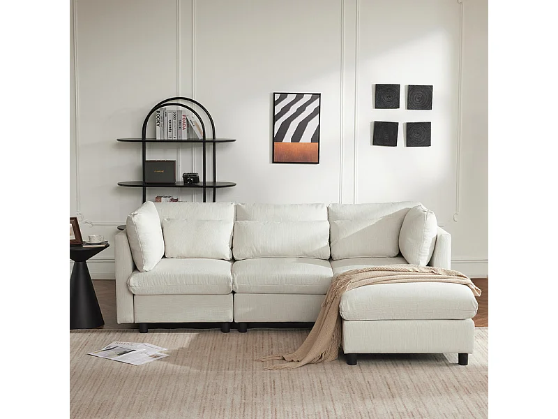 3-zits bank in linnen stof, met pouf, 3 lendenkussens en 2 kussens, 220x83x81cm, Beige