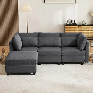 3-zits bank in linnen stof, met pouf, 3 lendenkussens en 2 kussens, 220x83x81cm, Grijs 3-zits bank in linnen stof, met pouf, 3 lendenkussens en 2 kussens, 220x83x81cm, Grijs