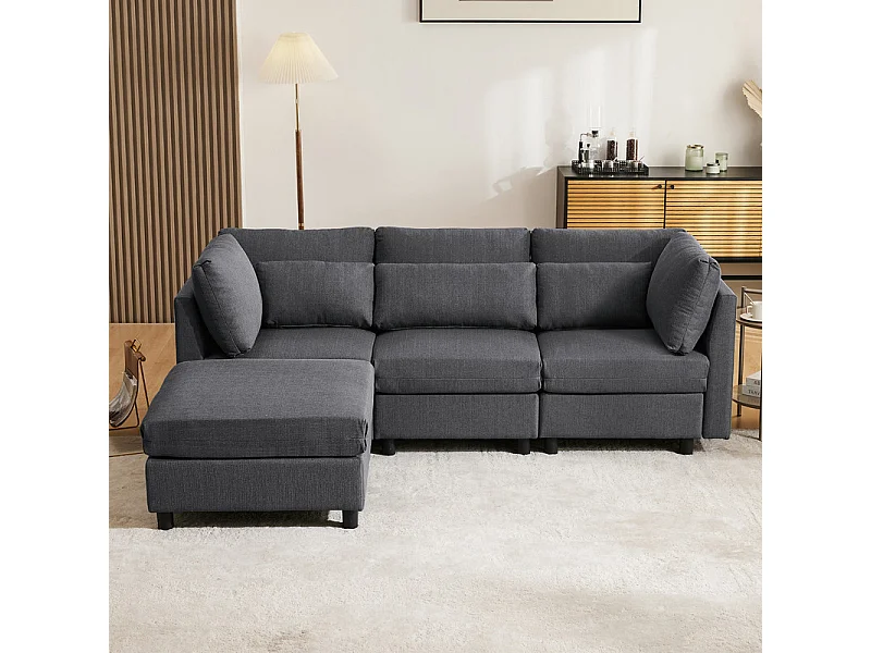 3-zits bank in linnen stof, met pouf, 3 lendenkussens en 2 kussens, 220x83x81cm, Grijs