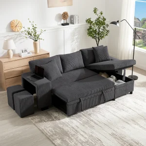 3-zits slaapbank – 231 x 131,5 x 84 cm – met USB + kussens + opbergruimte – fluweel – grijs 3-zits slaapbank – 231 x 131,5 x 84 cm – met USB + kussens + opbergruimte – fluweel – grijs