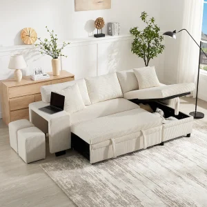 3-zits slaapbank – 231 x 131,5 x 84 cm – met USB + kussens + opbergruimte – fluweel – beige 3-zits slaapbank – 231 x 131,5 x 84 cm – met USB + kussens + opbergruimte – fluweel – beige