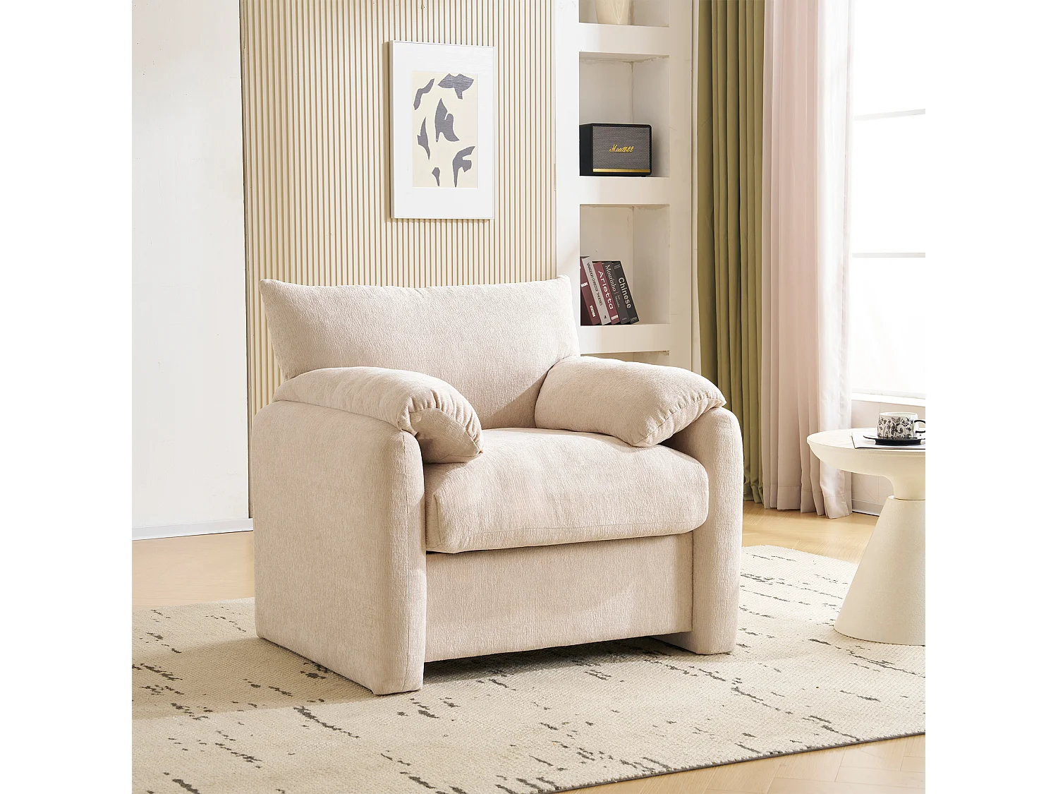 1-zitsbank met zachte armleuningen, beige chenillestof – voor woonkamer, slaapkamer of leeshoek