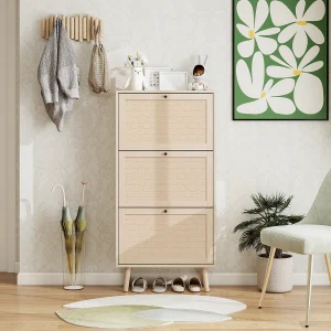 3-laags schoenenkast, Boho-design met rotandeuren, MDF, natuurlijk hout (60x24x121 cm) 3-laags schoenenkast, Boho-design met rotandeuren, MDF, natuurlijk hout (60x24x121 cm)