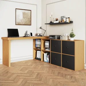 360° draaibaar hoekbureau – bureau met 4 lades, 4 compartimenten, MDF, zwart en eiken (120x48x78 cm) + (140x35x74 cm)