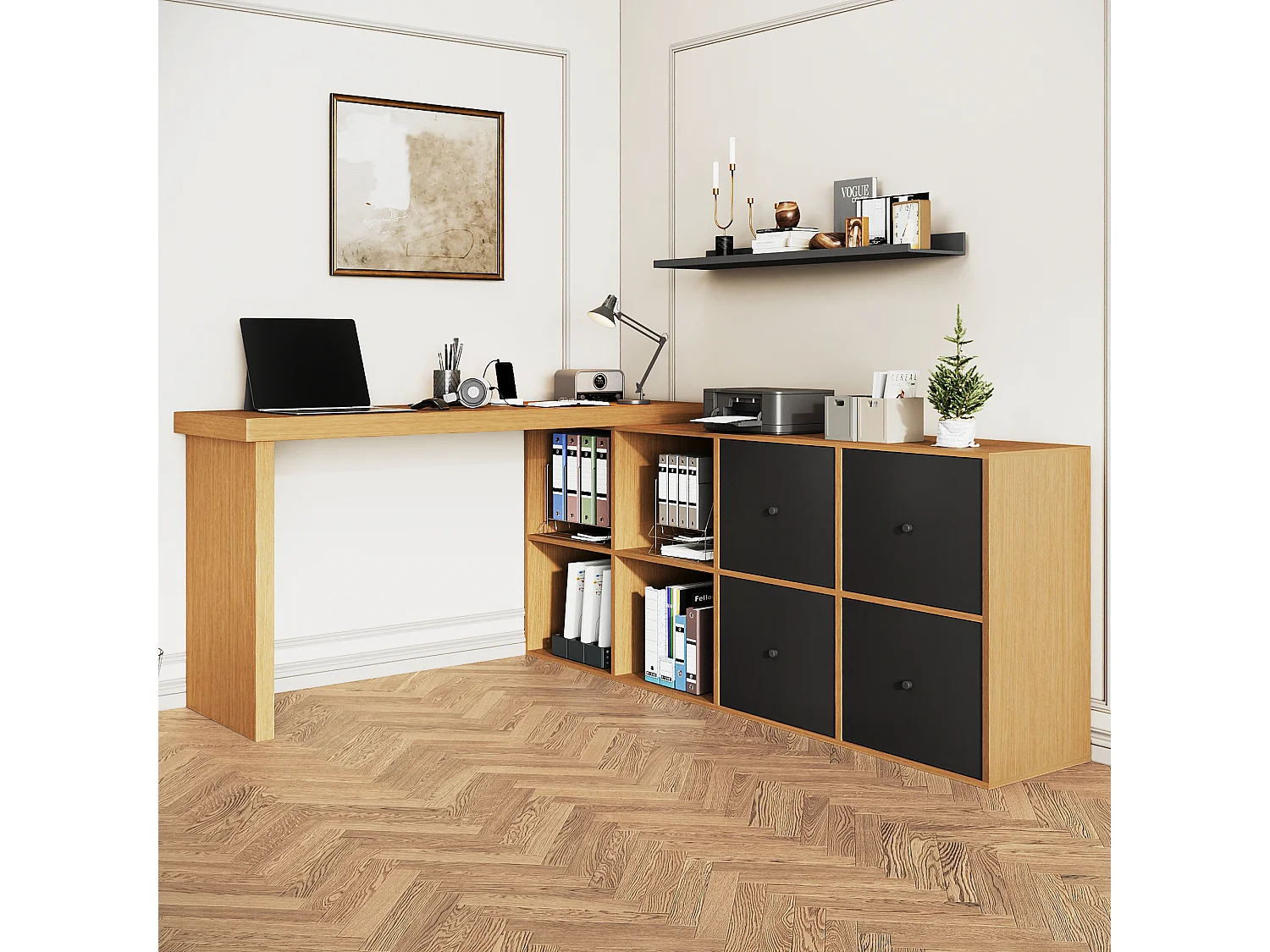 360° draaibaar hoekbureau – bureau met 4 lades, 4 compartimenten, MDF, zwart en eiken (120x48x78 cm) + (140x35x74 cm)