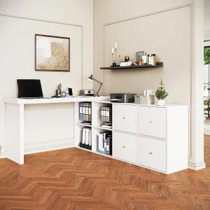 360° draaibare hoektafel – bureau met 4 lades, 4 compartimenten, MDF, wit (120x48x78 cm) + (140x35x74 cm)