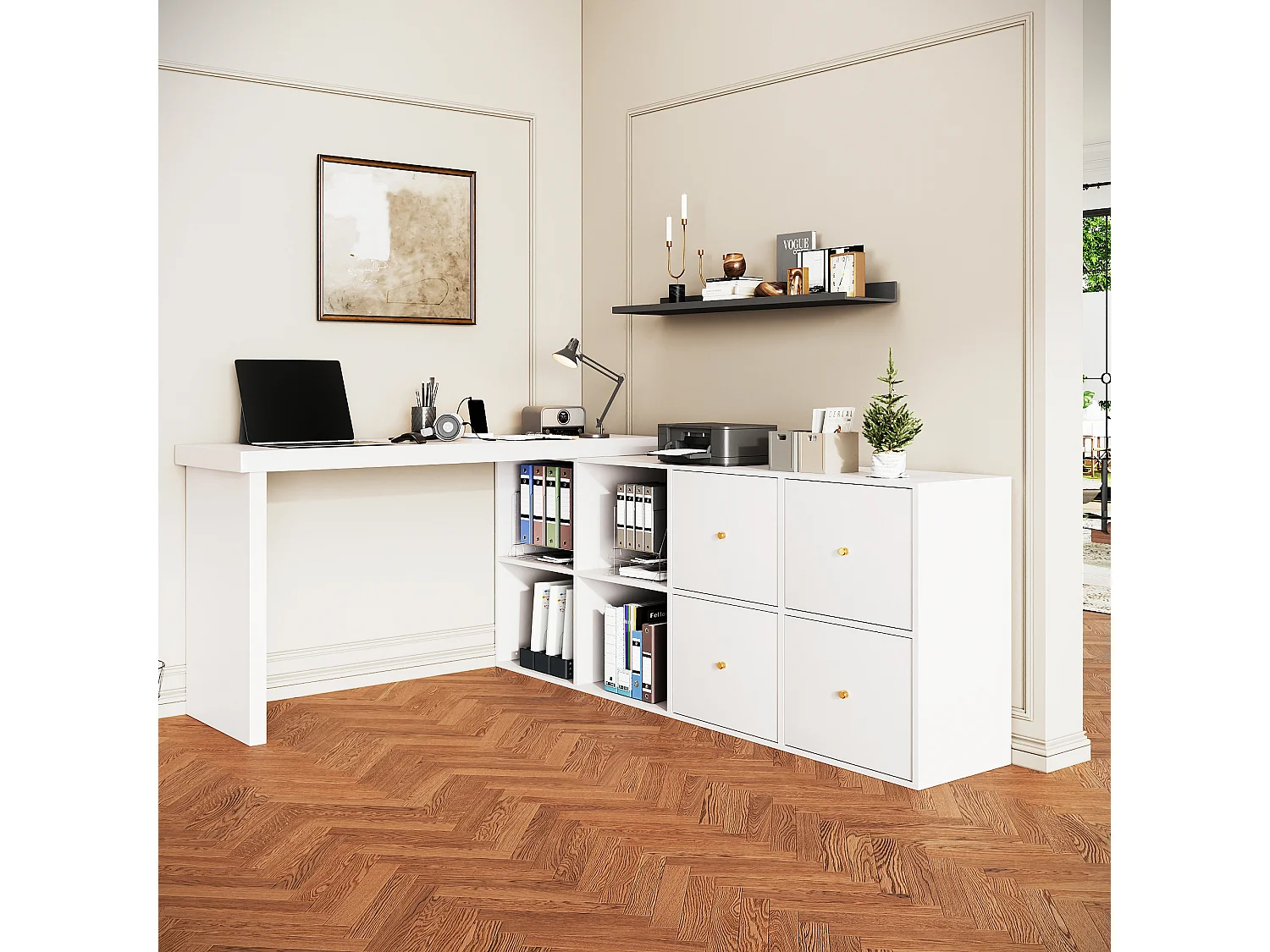 360° draaibare hoektafel – bureau met 4 lades, 4 compartimenten, MDF, wit (120x48x78 cm) + (140x35x74 cm)