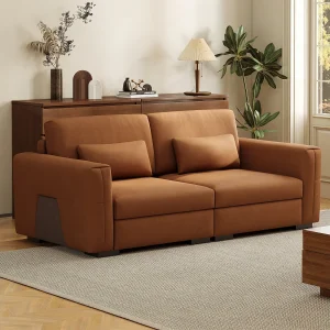 2-zitsbank van oranje-bruin kunstleer – Moderne bank voor de woonkamer, met brede armleuningen en zachte kussens, elegante zitplaats voor 2 personen 2-zitsbank van oranje-bruin kunstleer – Moderne bank voor de woonkamer, met brede armleuningen en zachte kussens, elegante zitplaats voor 2 personen
