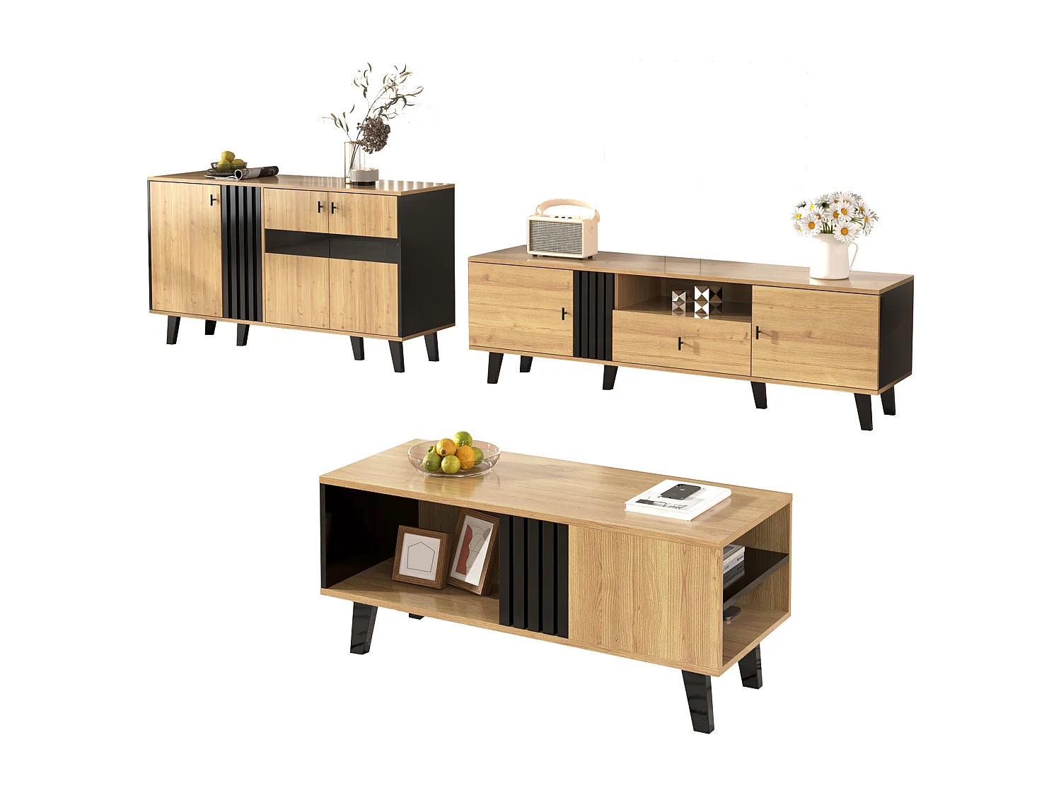 3-delige woonkamermeubelset - salontafel + tv-meubel + dressoir - glas + spaanplaat - naturel