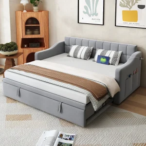 2-in-1 gestoffeerde slaapbank – 90/180 x 190 cm – uitschuifbed met stopcontact en opbergruimte – fluwelen stof – grijs