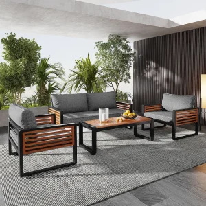 4-delige tuinloungeset, groene L-vormige bank van touw met ijzeren frame, acaciahouten tafel, afneembare zit- en rugkussens 4-delige tuinloungeset, groene L-vormige bank van touw met ijzeren frame, acaciahouten tafel, afneembare zit- en rugkussens